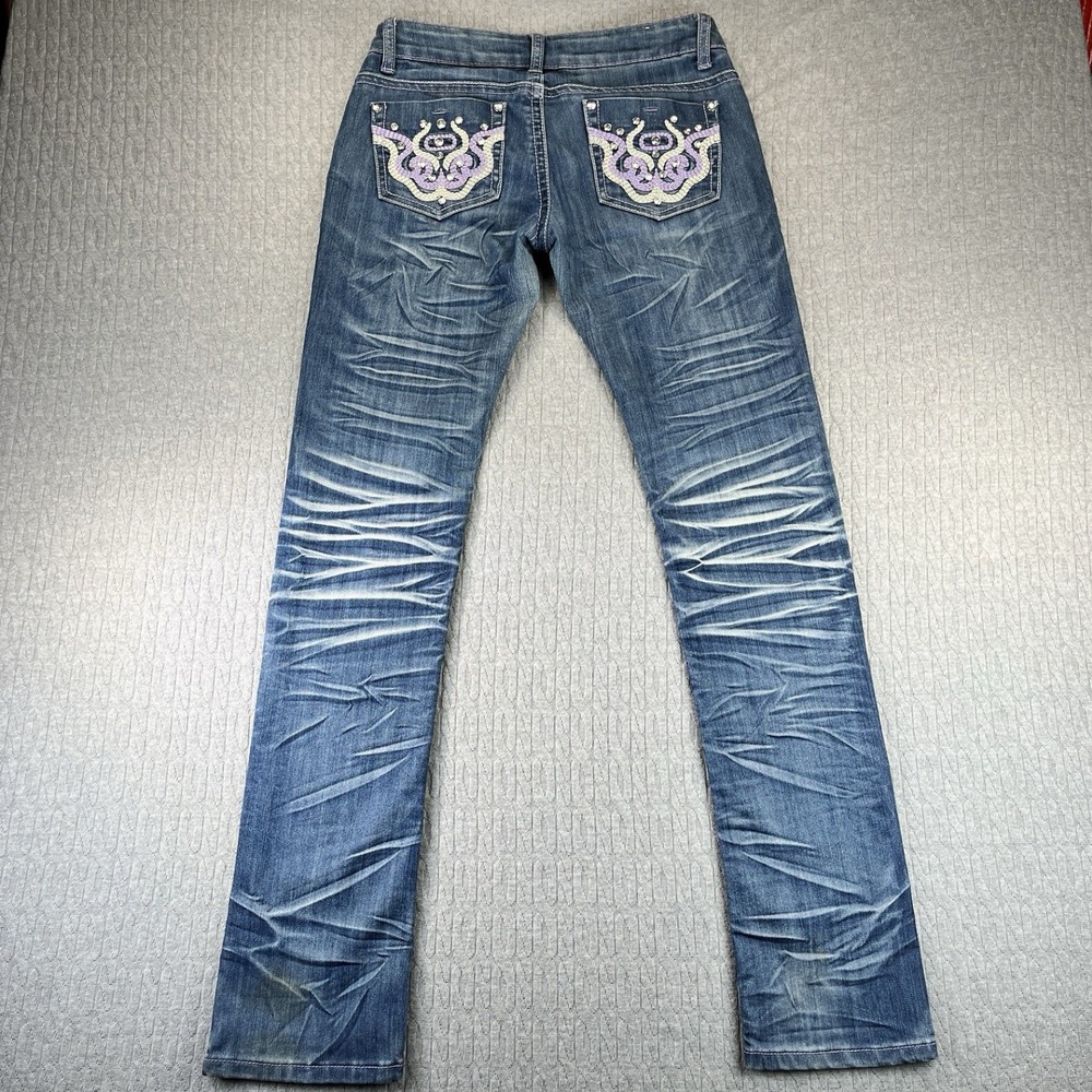 LIUCE'S Medusa Jeans Women 7 Blue Embellished Rhinestone Y2K Low Rise Skinny